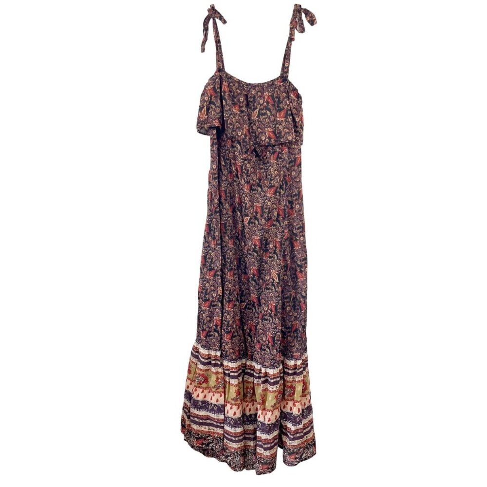 Free People Tangier‎ Boho Printed Tiered Maxi Dress Tie Shoulder Cotton Size XS